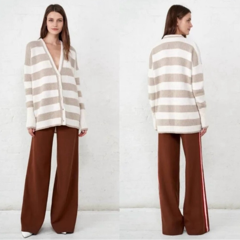 Striped V-Neck Button Cardigan Sweater - Cream & Tan
